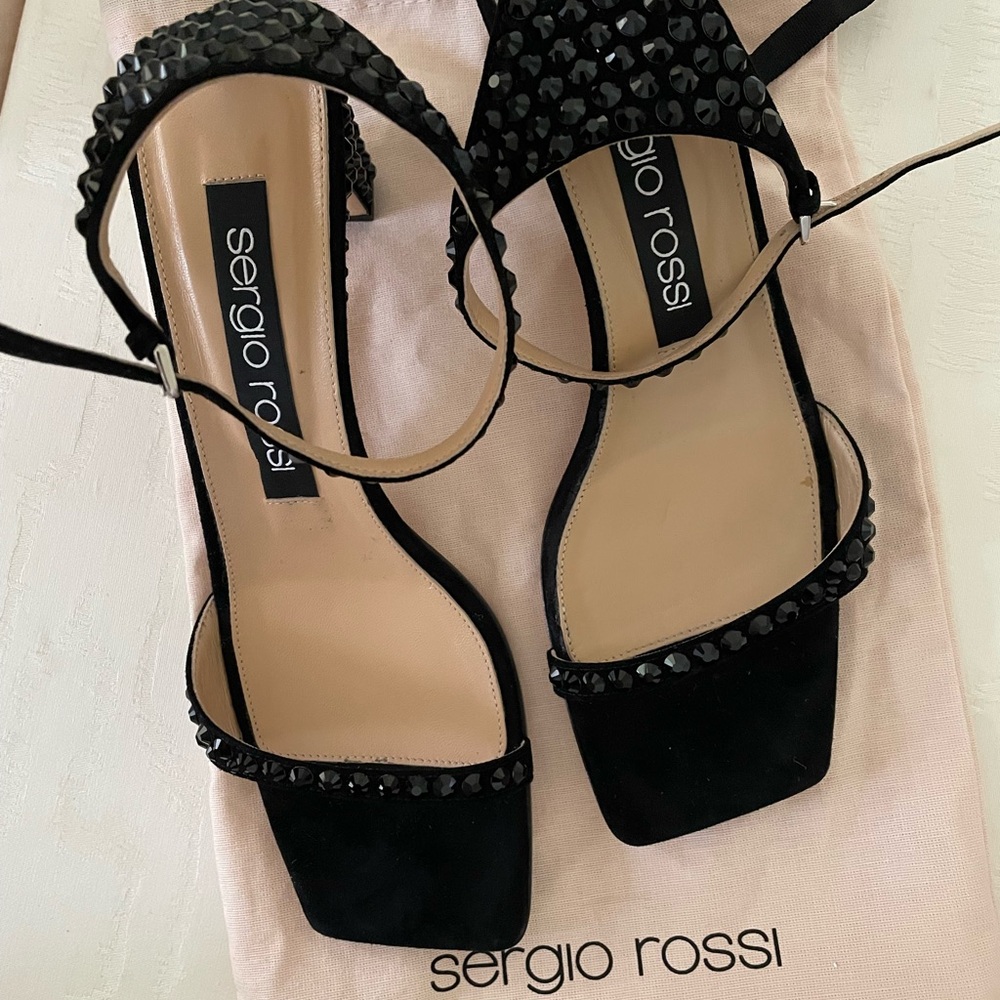Sergio Rossi Black Goat and Lamb Skin Heels with Ankle Strap Size 39 Never Worn